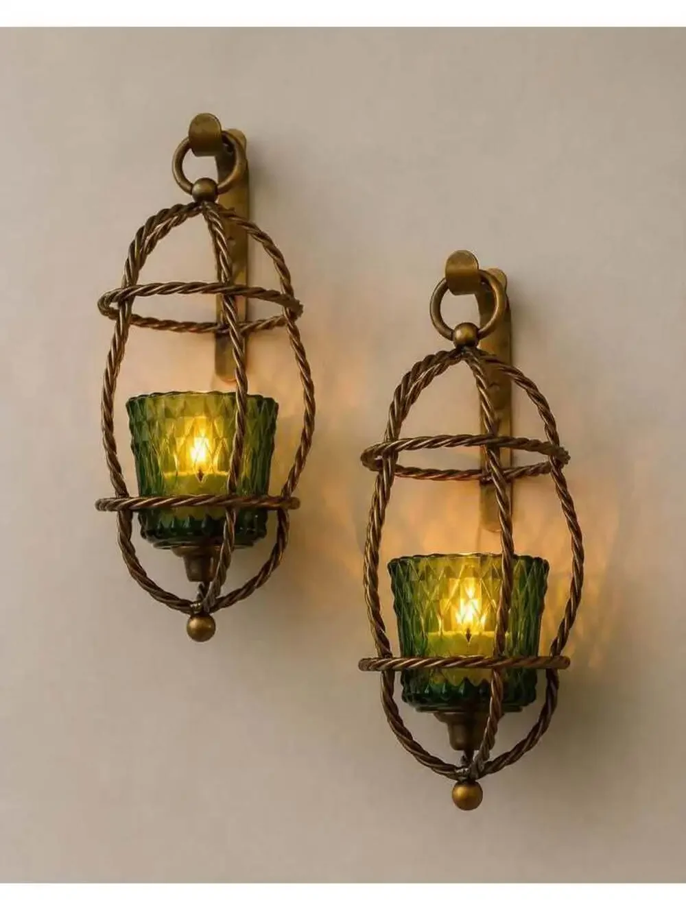 Pair Vintage Twisted Rope Metal Birdcage Wall Sconces Green Glass Candle Holders